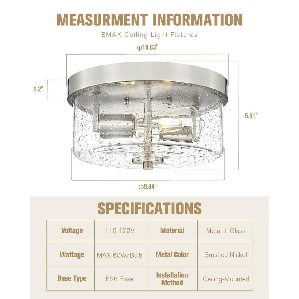 Emak 2-Light Brushed Nickel Ceiling Light Fixture, 11 Inch Flush Mount Light Fixture with Seeded Glass Shade for Bedroom, Living Room, Kitchen, Hallway, Bathroom, FM082-BN