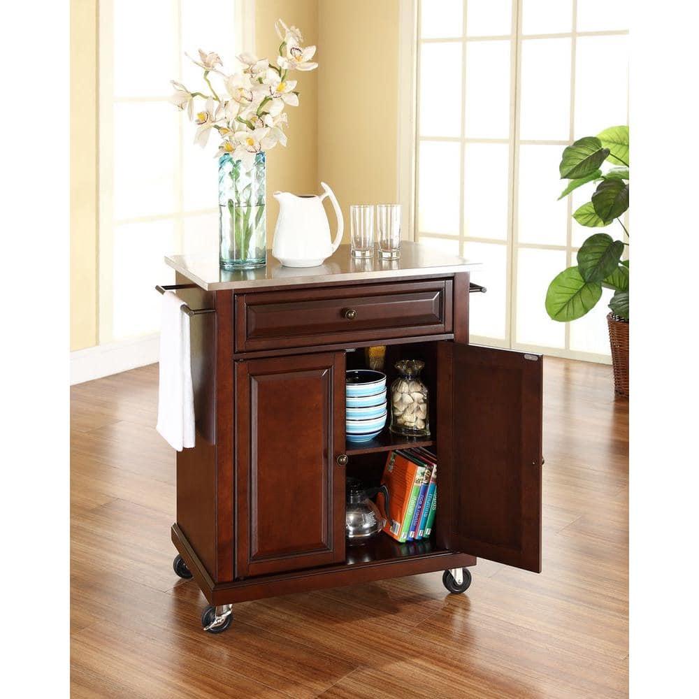 Compact Stainless Steel Top Kitchen Cart Mahogany - Crosley: Mobile Island with Storage & Towel Bars