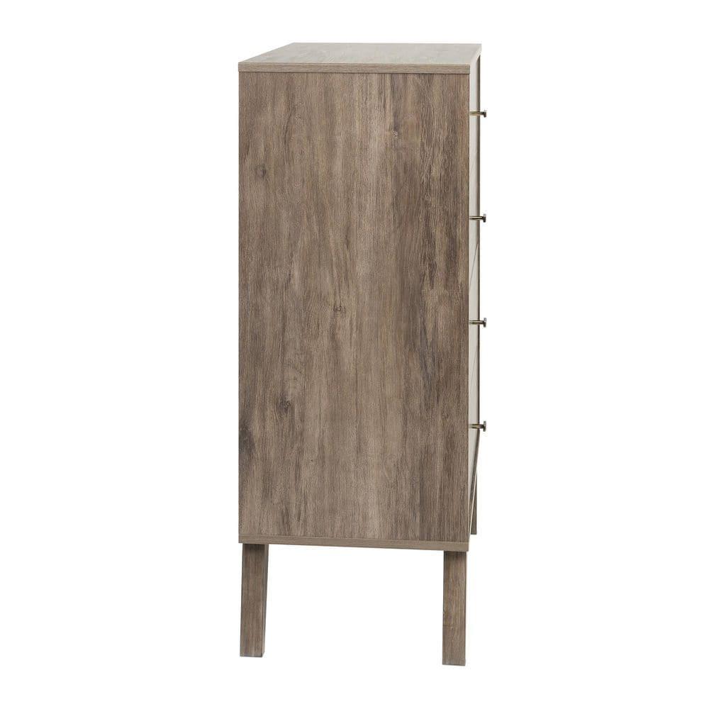 Mid-Century Modern 4 Drawer Chest Drifted Gray - Prepac: Sleek Bedroom Storage, Brass Knobs