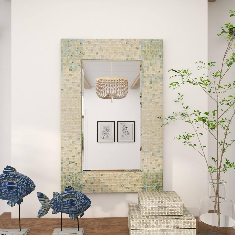 DecMode 24" x 36" Cream Handmade Mosaic Wall Mirror with Blue Corners