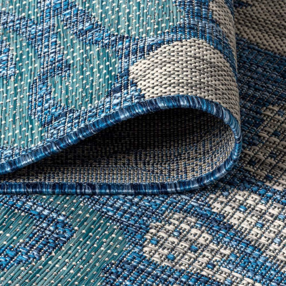 JONATHAN Y Zinnia Modern Floral Textured Weave Navy/Aqua 2 ft. x 20 ft. Indoor/Outdoor Runner Rug