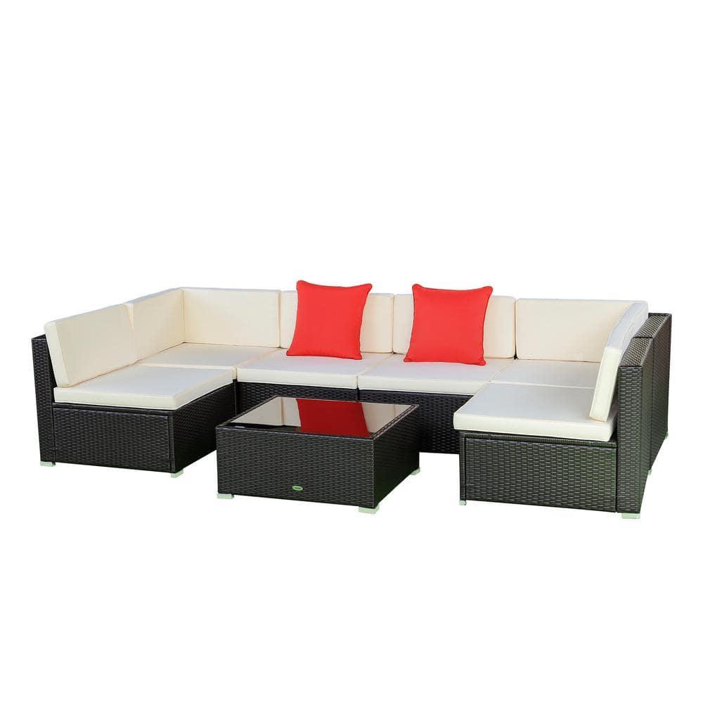 Outsunny 7 Piece Outdoor Patio Furniture Set, PE Rattan Wicker Sectional Sofa Set with Couch Cushions, Pillows, Coffee Table, Beige