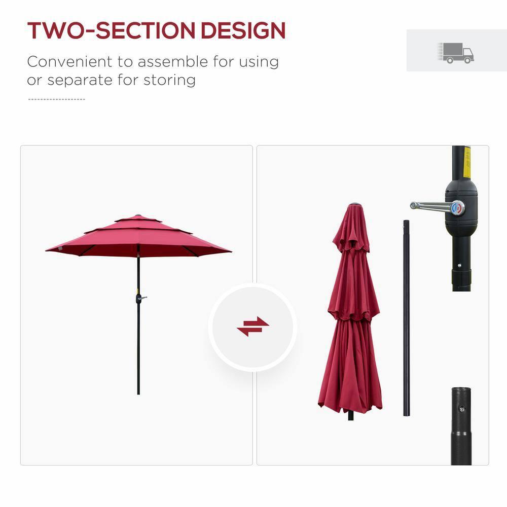 Outsunny 9' 3-Tier Patio Umbrella, Outdoor Market Umbrella with Crank and Push Button Tilt for Deck, Backyard and Lawn, Red