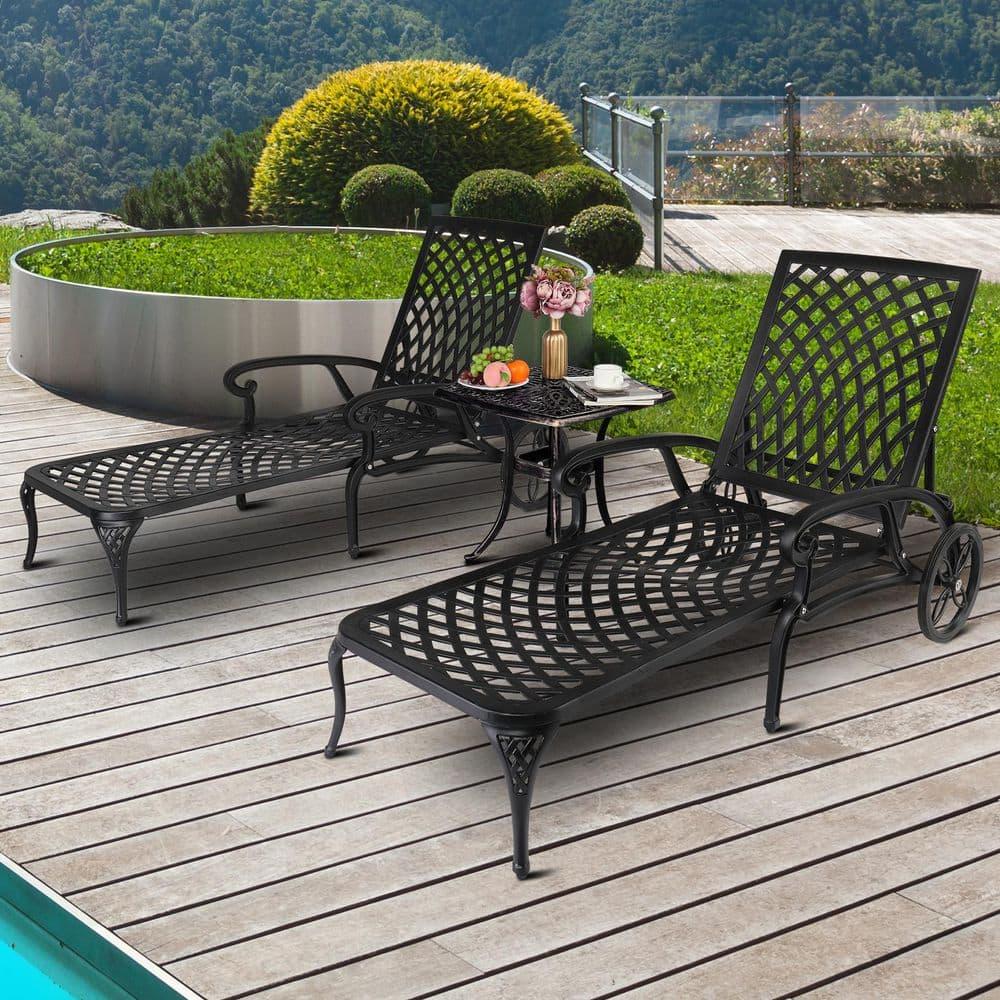 VINGLI Cast Aluminum Outdoor Chaise Lounge Chair with Wheels, Patio Chaise Lounge with 3-Position Adjustable Backrest, Outdoor Tanning Chair Patio Lounge Chair (Black, Without Cushion)