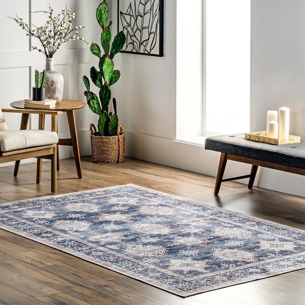 Nuloom Finley Medallion 5x8 Machine Washable Indoor Area Rug for Living Room Bedroom Dining Room Kitchen, Blue/Grey