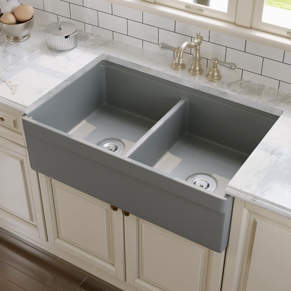 33" L X 20" W White Fireclay Double Bowl Workstation Farmhouse Kitchen Sink with Cutting Board And Dish-Drying Rack
