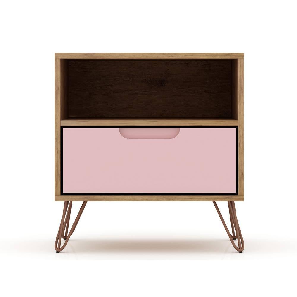 Set of 2 Rockefeller 1 Drawer Nightstands Nature/Rose Pink - Manhattan Comfort: Mid-century Design, Metal Legs, MDF