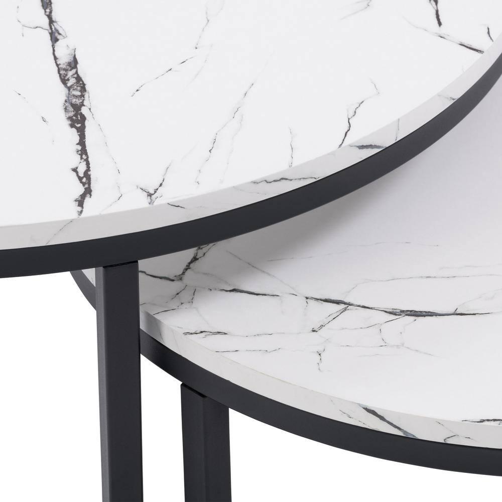 Set of 2 Marbled Finish Forth Worth Round Nesting Coffee Table White - CorLiving: Black Metal Legs, Accent Furniture