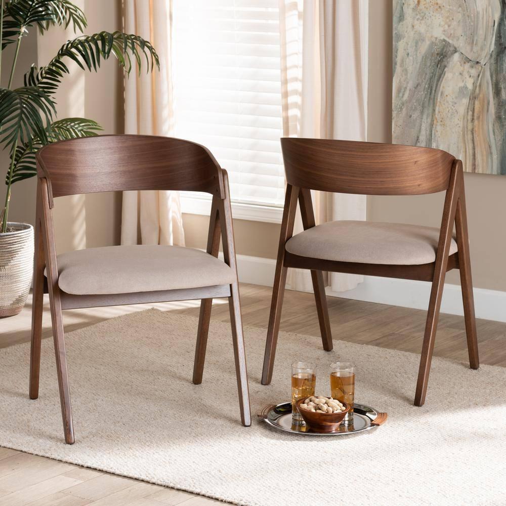 2pc Danton Fabric Upholstered Wood Dining Chair Set Beige/Walnut Brown - Baxton Studio