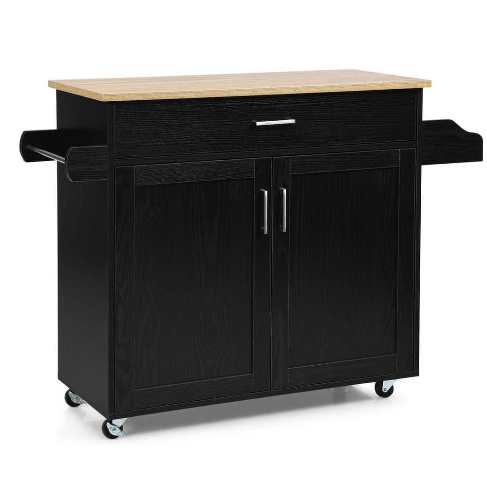 Black Fir Wood Rolling Kitchen Cart with Spice Rack and Storage