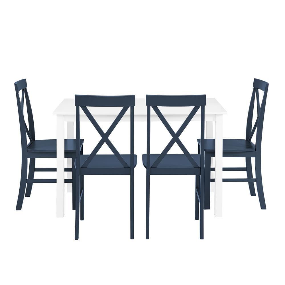 5pc Contemporary Farmhouse Dining Set White/Navy - Saracina Home: Rubberwood & MDF, Non-Extension Rectangle Table