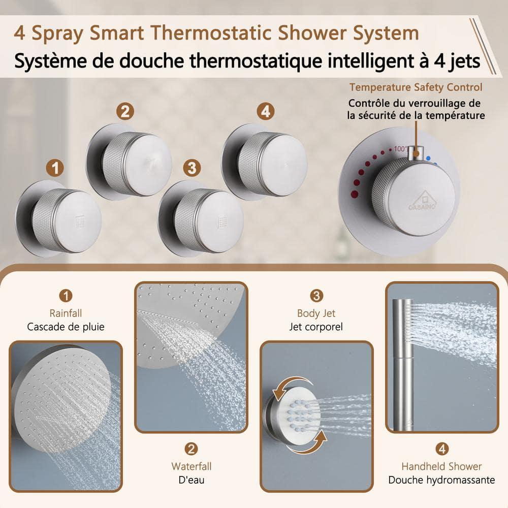 Rainfall Thermostatic Shower System with Body Jets, 2-Sprays Shower Head and a Shelf