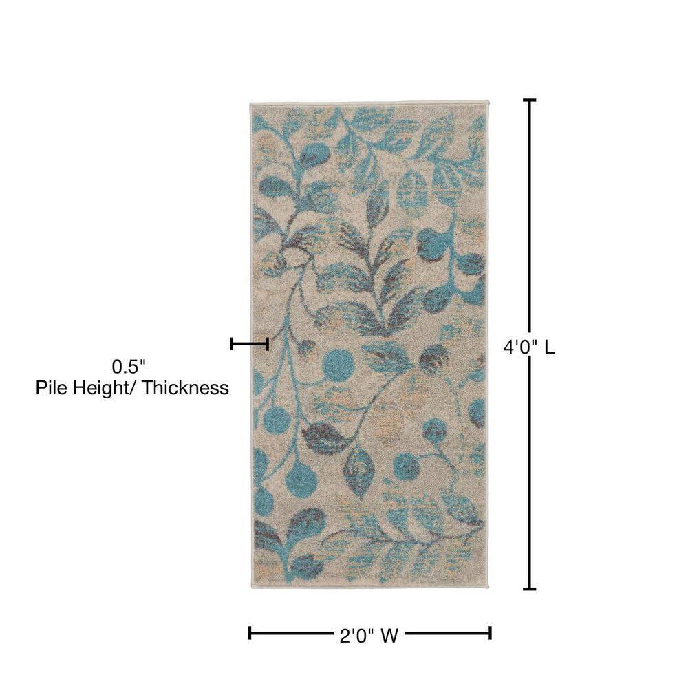 Nourison Tranquil 2' X 4' Ivory/Turquoise Area Rug Contemporary Botanical Vine and Bloom by Nourison