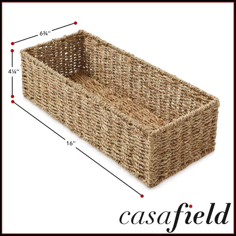 Casafield Bathroom Storage Baskets - Set of 2, Natural - Seagrass, 16" W  x 6.75" D x 4.25" H, Woven Toilet Paper, Tissue, Shelving Bins