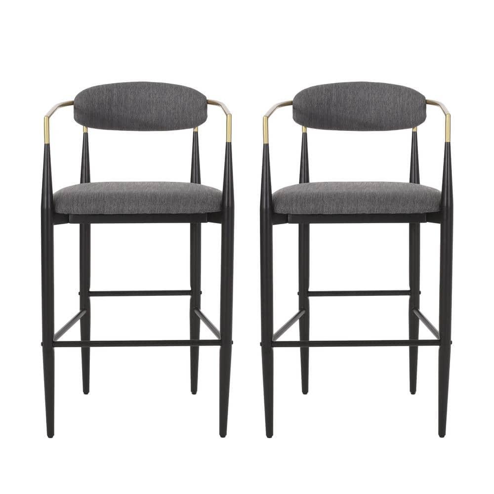 Noble House Boise Indoor Fabric and Metal 30 inch Barstools, Set of 2, Charcoal, Black, and Gold.