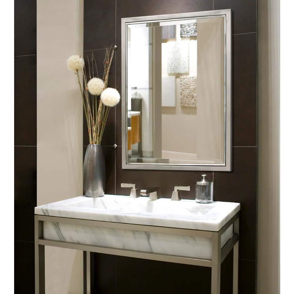 Head West Brushed Nickel and Chrome Metal Framed Vanity Mirror for Bathroom - Beveled-Edge Bedroom Mirror with Z-Bar Brackets for Vertical & Horizontal Placement - 24"x30"