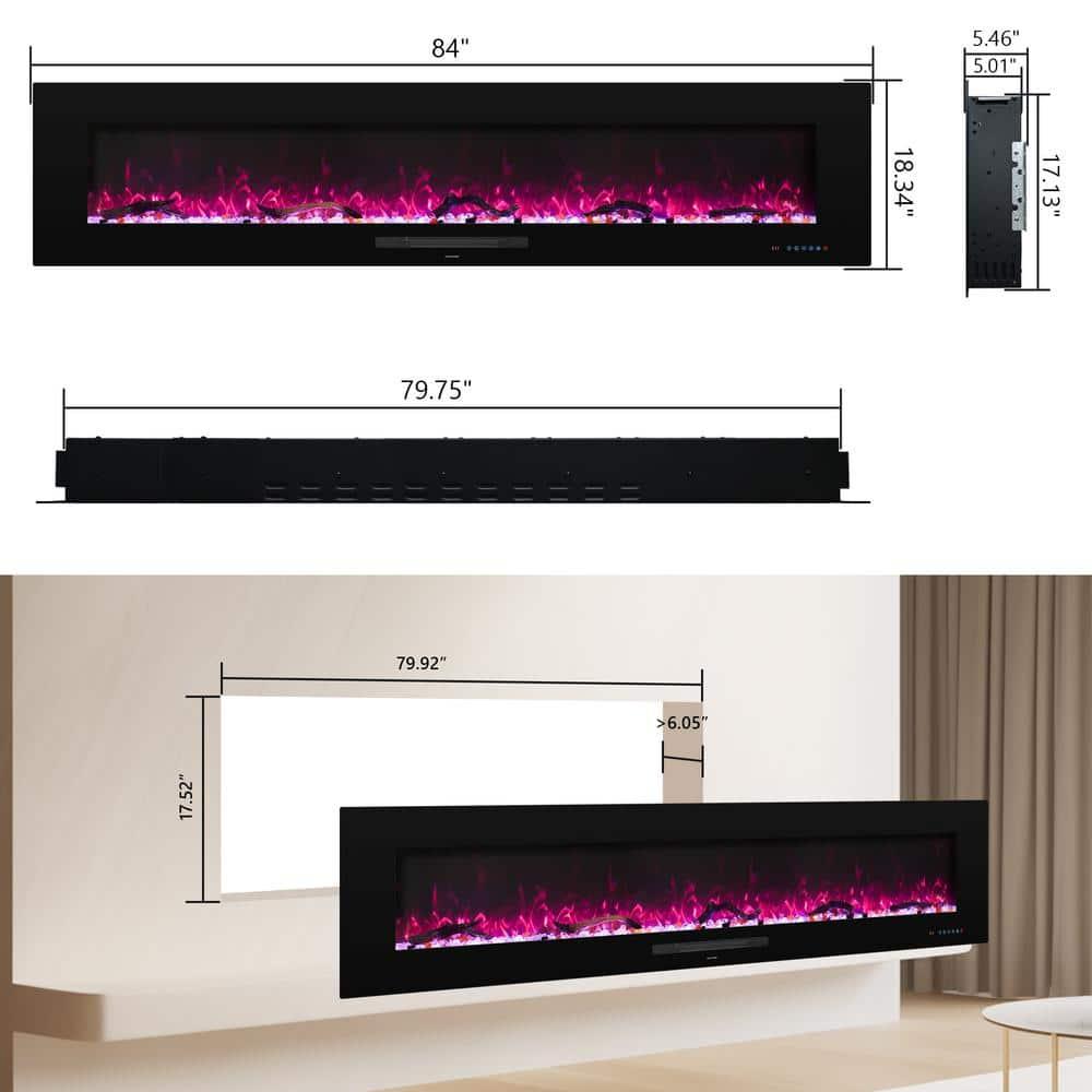84 in. Electric Fireplace, Fireplace Insert/Wall Mounted with Thermostat, 1500-Watt to 750-Watt in Black