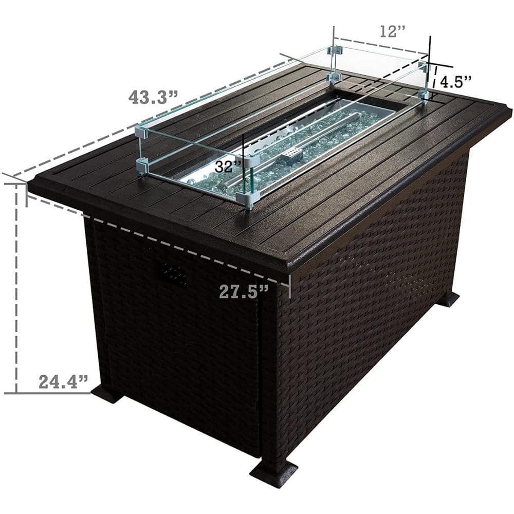 Kozyard Outdoor Patio Propane Gas Fire Pit Table - 50,000 BTU Wicker Design with Aluminum Tabletop, Glass Wind Guard, Clear Glass Rocks, and Slide Out Tank Holder - Ideal Patio Fire Table (Gray)