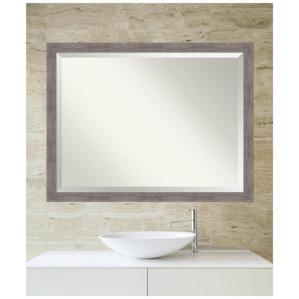 Amanti Art Beveled Bathroom Wall Mirror - Pinstripe Frame Pinstripe Plank Grey Narrow Outer Size: 43 x 33 in
