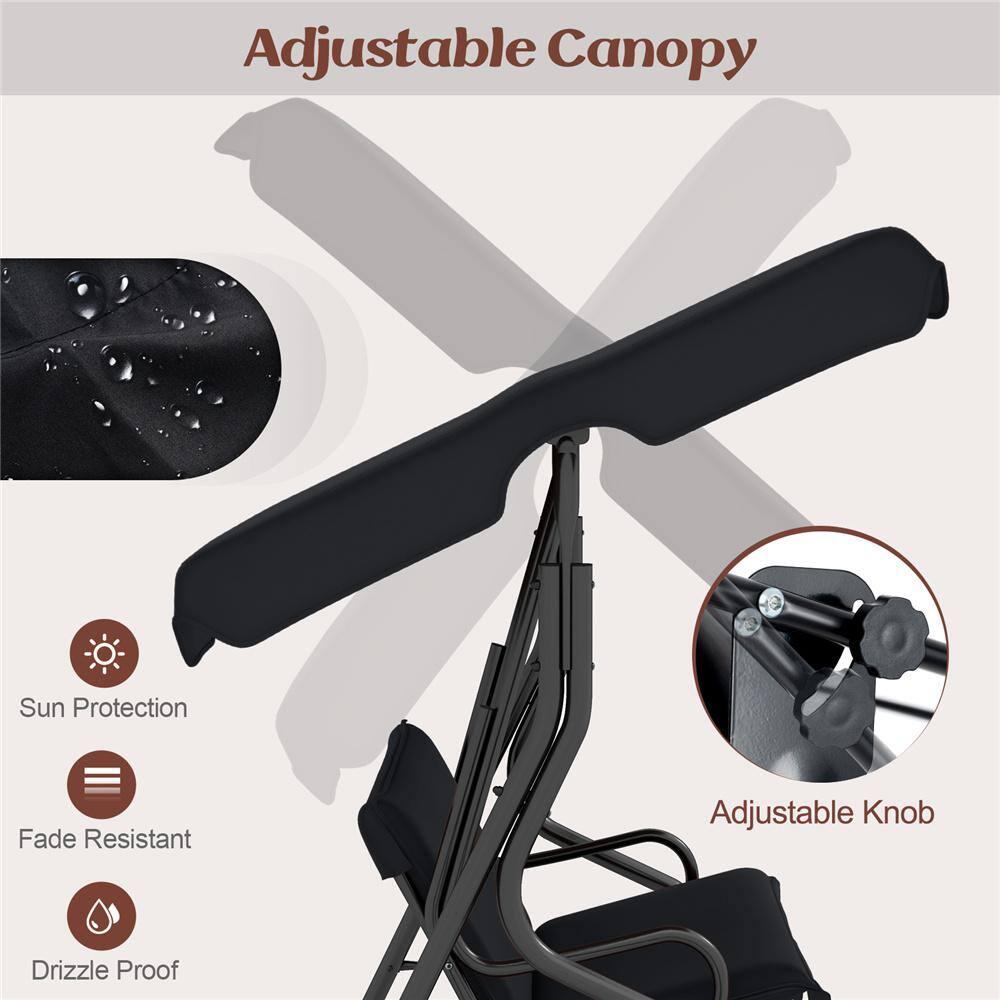 Black Steel Frame 3-Person Patio Swing with Adjustable Canopy