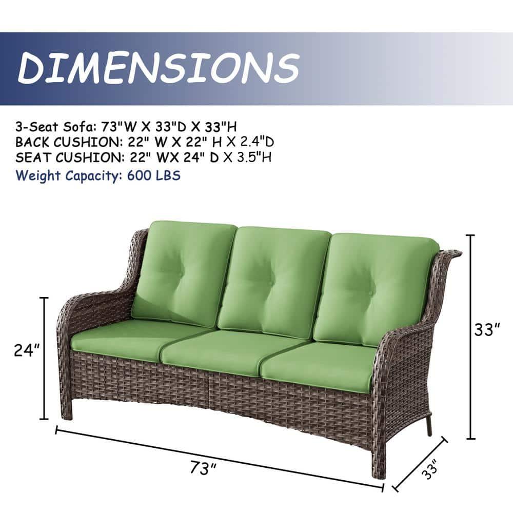 3-Seat Wicker Outdoor Patio Sofa Sectional Couch with Green Cushions