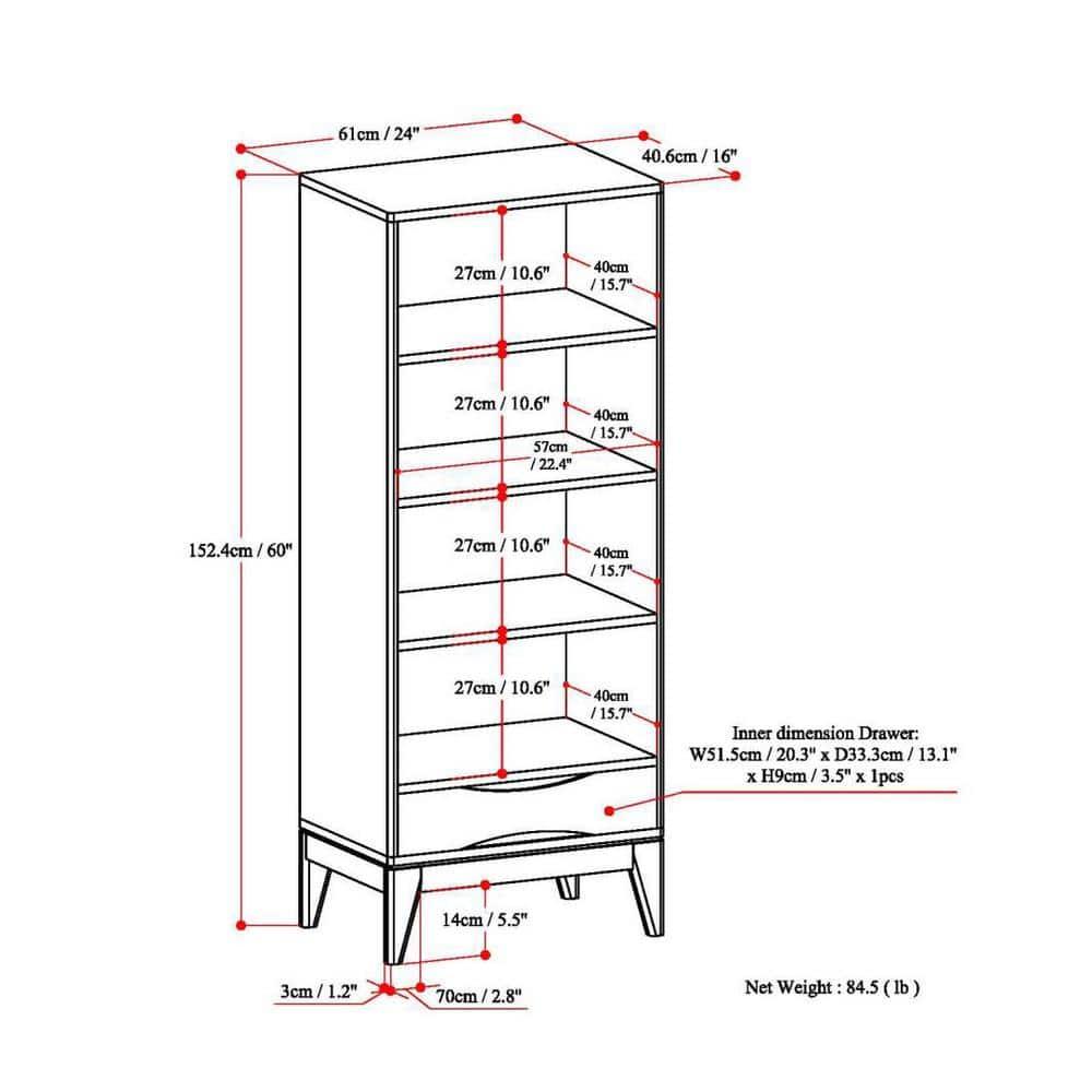 Simpli Home Harper 24"W Solid Hardwood 4 Shelf Mid-Century Modern Bookcase with Drawer and Adjustable Shelves