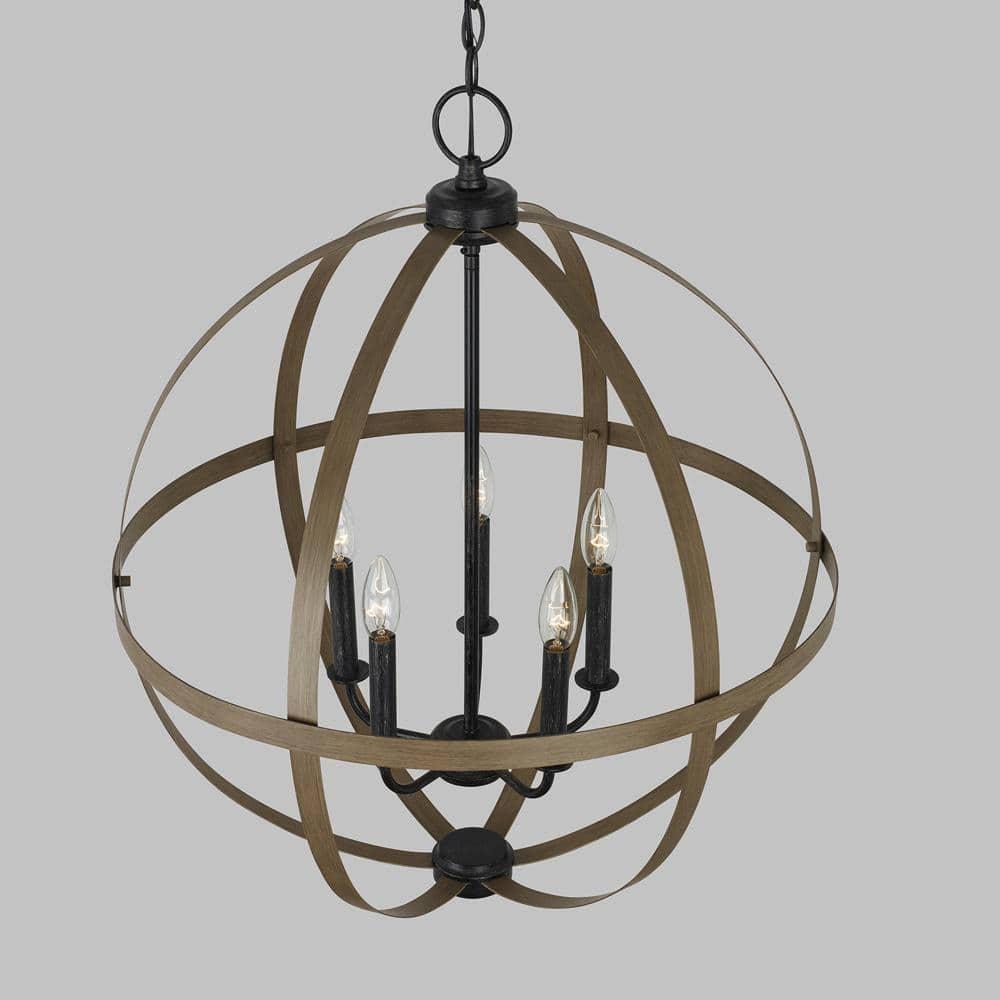 Calhoun 24" Steel Cage Globe Chandelier in Cerused Oak