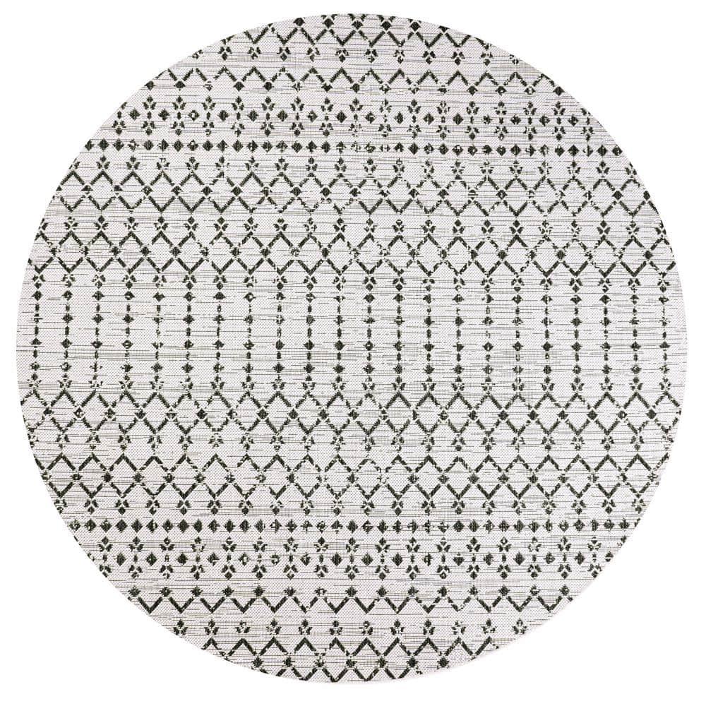 5' Round Ourika Moroccan Geometric Textured Weave Indoor/Outdoor Area Rug, Cream/Black - JONATHAN Y