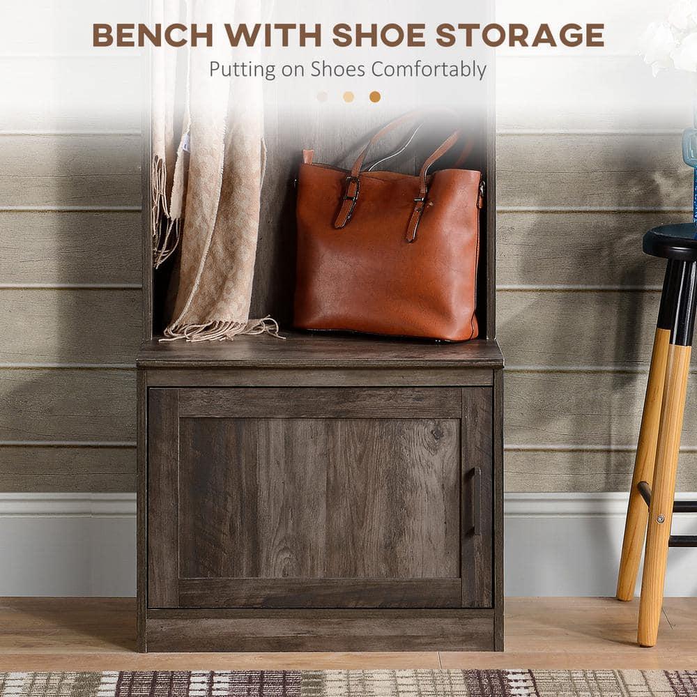 HOMCOM Rustic Hall Tree with Shoe Storage Bench, Entryway Bench with Coat Rack, Accent Coat Tree with Storage Shelves for Hallway, Mudroom, Brown