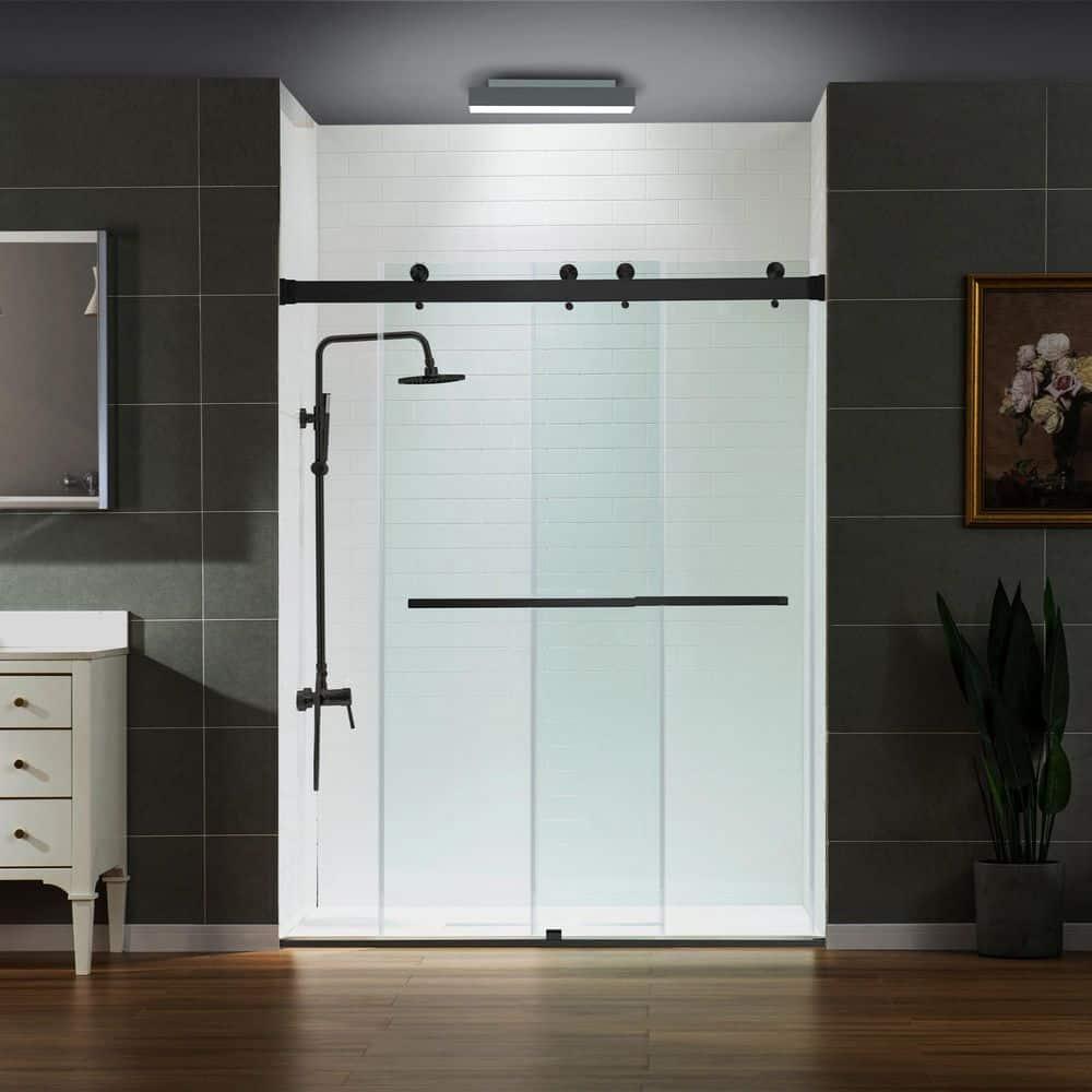 WoodBridge Semi-Frameless Single Sliding Shower Doors, 56-60" W X 76" H With 5/16" Clear Tempered Glass And Explosion-Proof Film MSDF6076-MBL