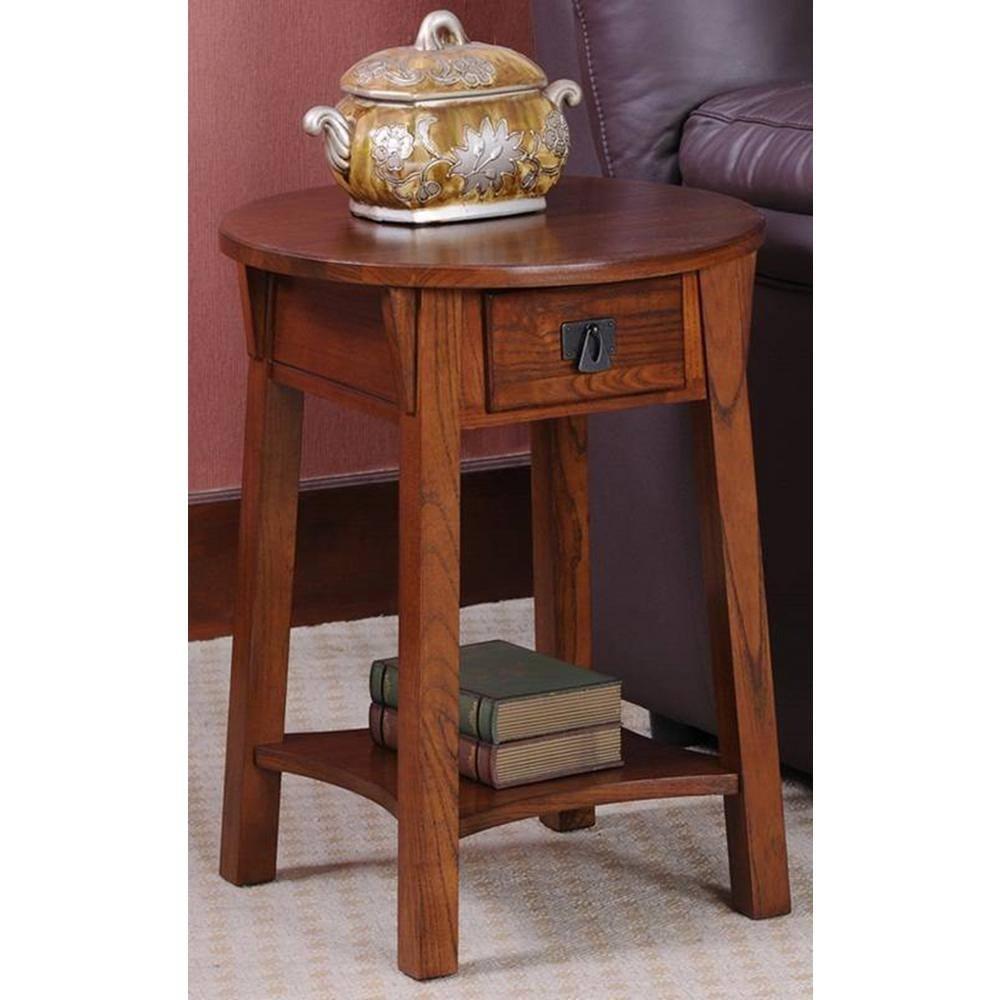 Leick Home 9056-RS Mission Round End Table with Drawer, Made with Solid Wood, Side Table for Living Room, Bedroom, and Office, Russet Finish