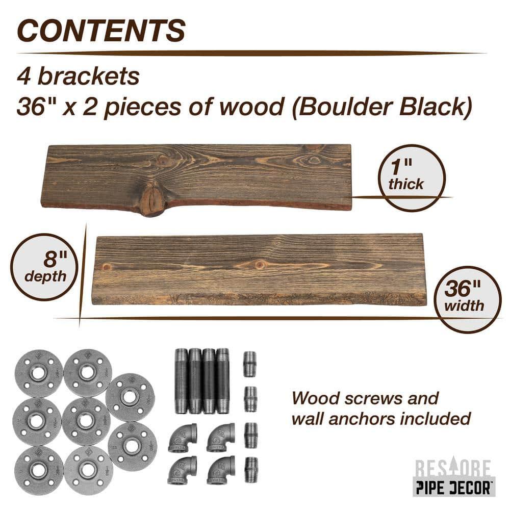 PIPE DECOR Live Edge Wood Shelves with L Shaped Pipe Brackets Boulder Black 36 in.