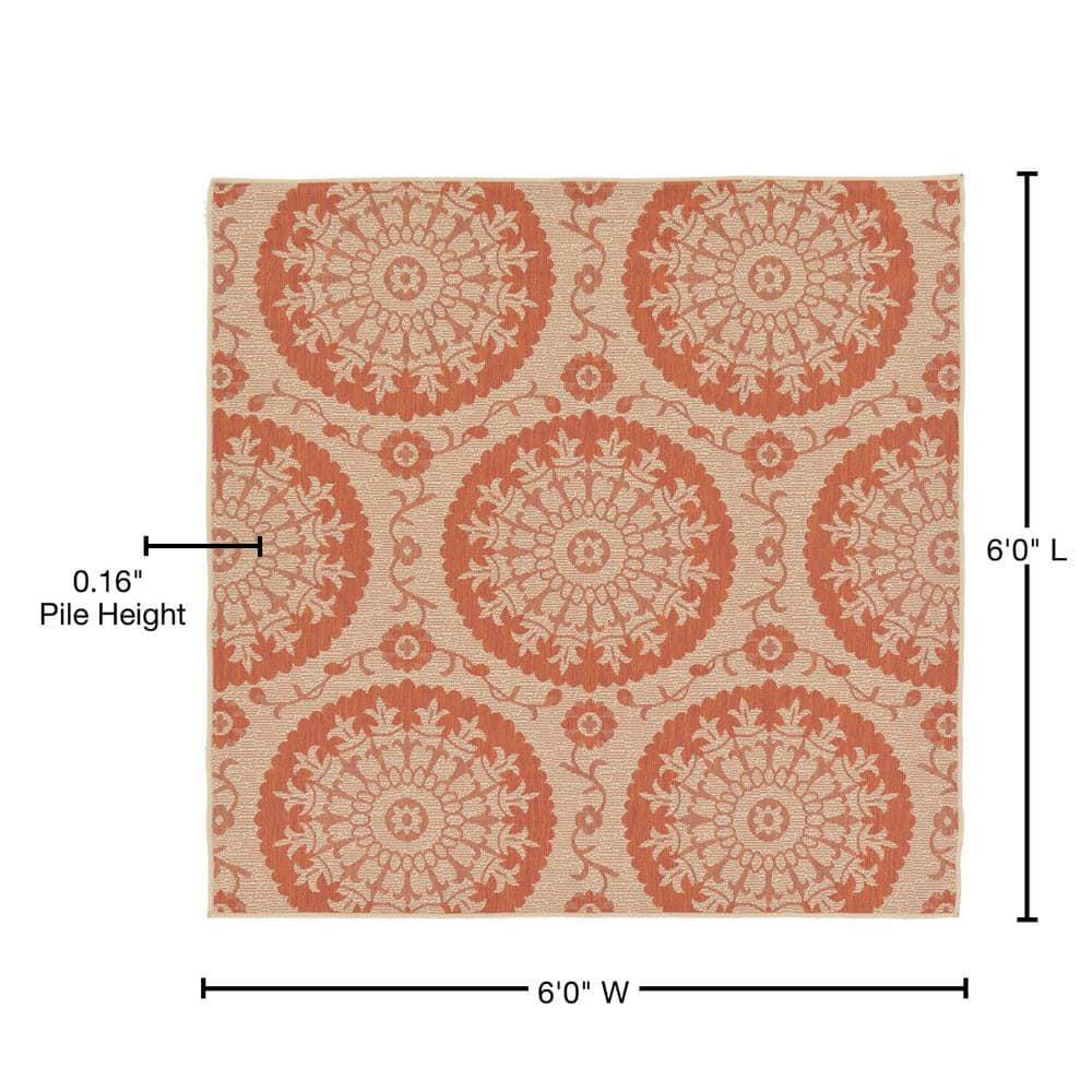 Unique Loom Alfombra de Área de Colección Botánica para Exteriores - Medallón (6' 1" Cuadrado Terracota/beige)