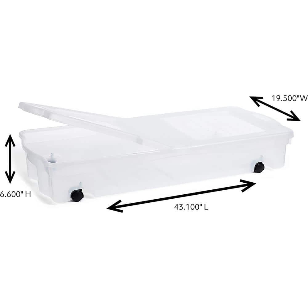 Rubbermaid 68 Quart Under the Bed Low Profile Storage Boxes with Dual Hinged Lids and Easy Rolling Caster Wheels, Clear, 2 Pack