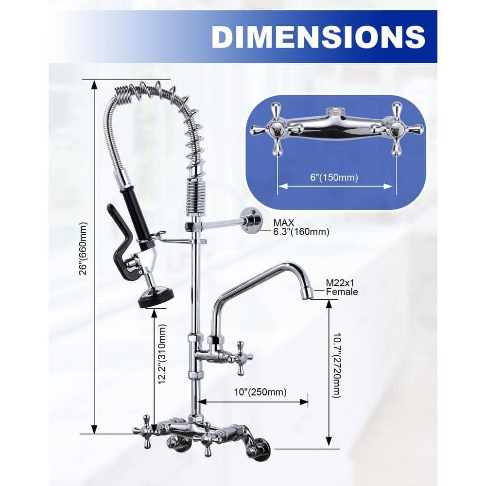 26 in. Commercial 3-Handle Pull Down Kitchen Faucet Wall Mount with Pre Rinse Sprayer in Chrome