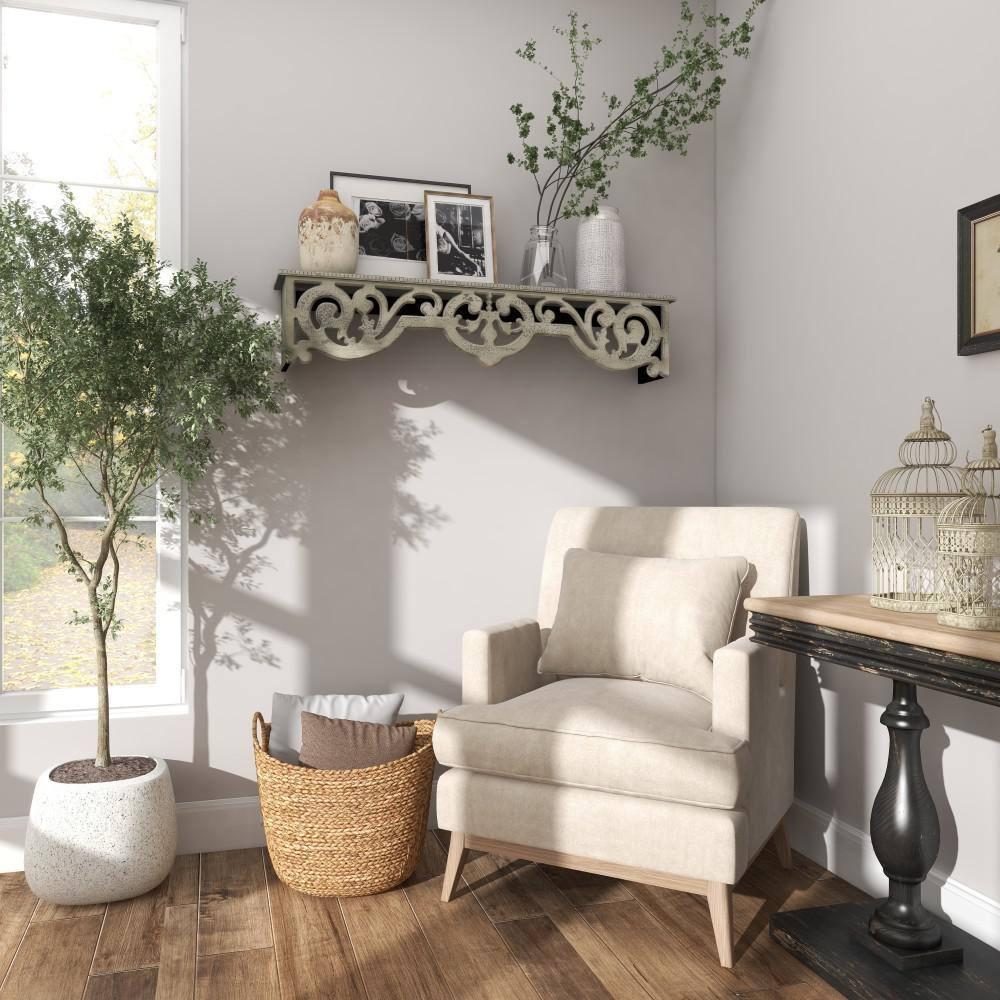 DecMode 48" x 8" 1-Tier Beige Scroll Wall Shelf with Gray Distressing