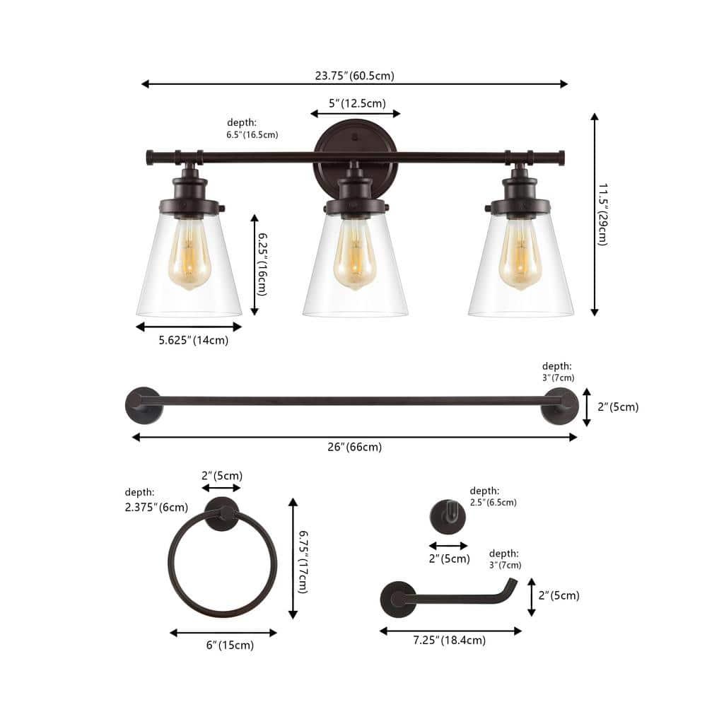 Hollis 23.75" 3-Light Traditional Farmhouse Vanity Light with Bathroom Hardware Accessory Set, Oil Rubbed Bronze (5-Piece)