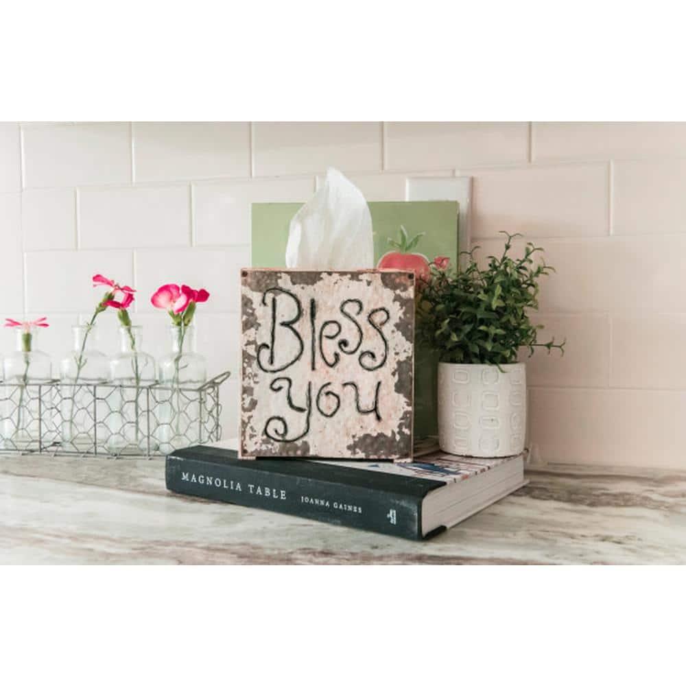 Creative Co-Op Wood & Metal "Bless You" Tissue Box Cover