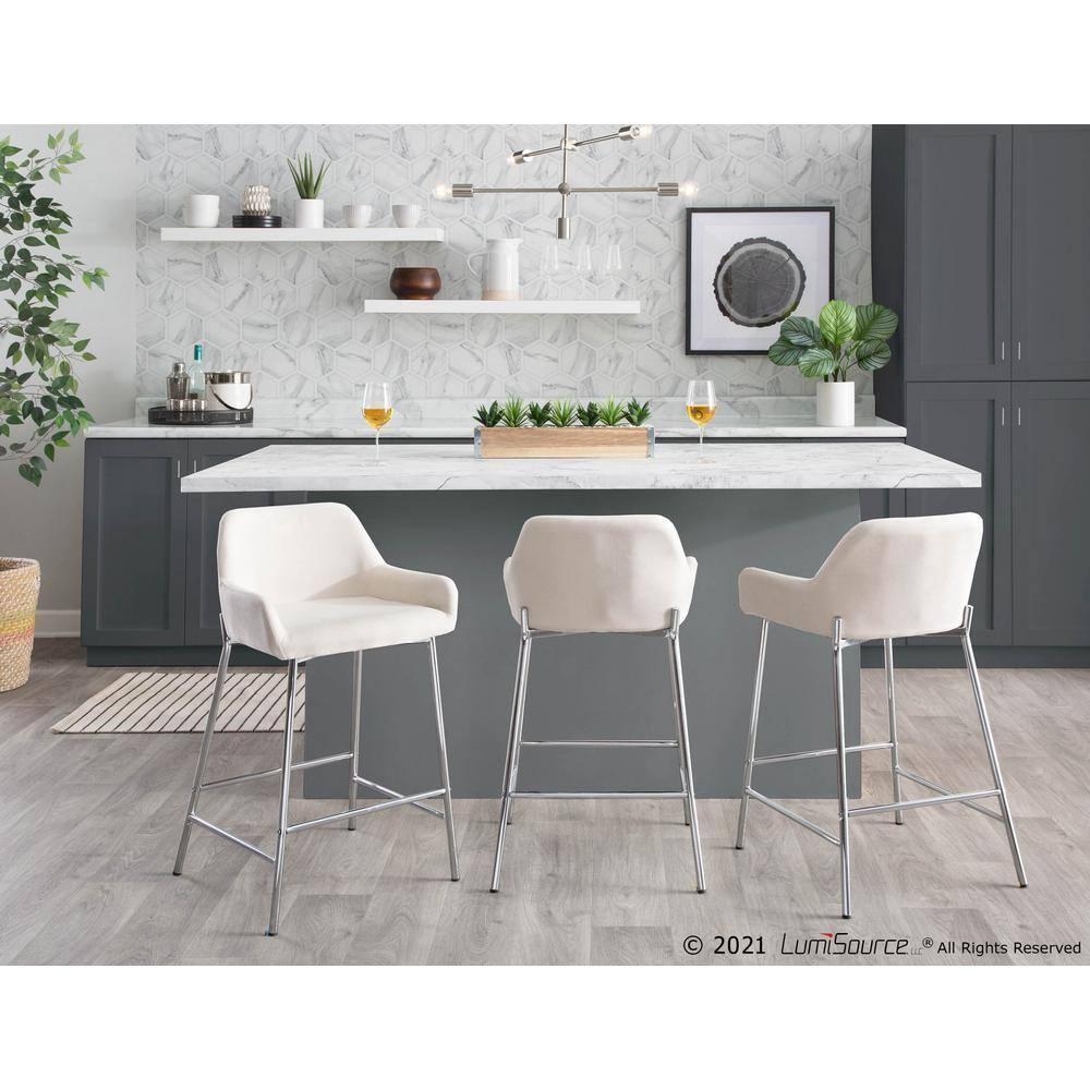 Set of 2 Daniella Metal/Polyester Counter Height Barstools Chrome/Cream - LumiSource: Padded, Steel Legs, Fixed Height