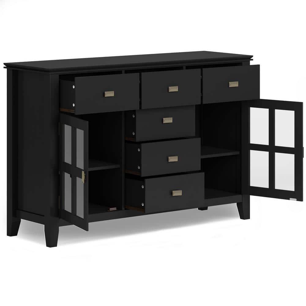 Simpli Home Artisan 54"W Solid Wood Sideboard Buffet with Tempered Glass Doors and 6 Drawers