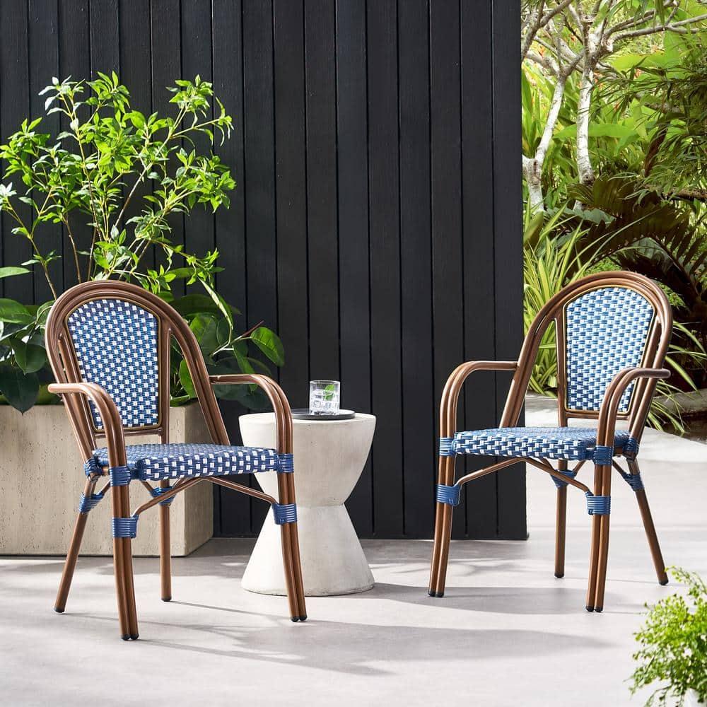 Cecil Aluminum and Wicker Outdoor French Bistro Chairs, Set of 2, Navy Blue, White, and Brown Wood