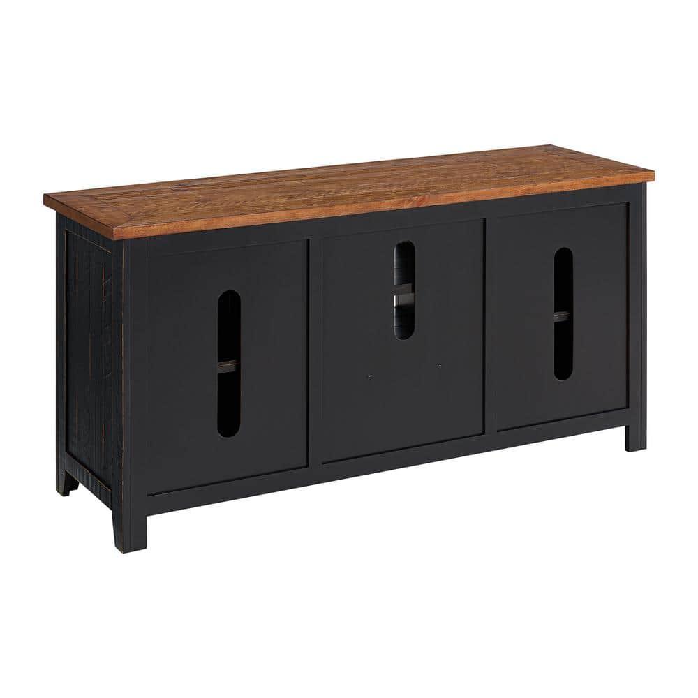 The Gray Barn  Downington Solid Wood 60-inch TV Stand Black and Honey Pine Finish, Wood Finish Adjustable Shelving Nautical & Coastal, Rustic