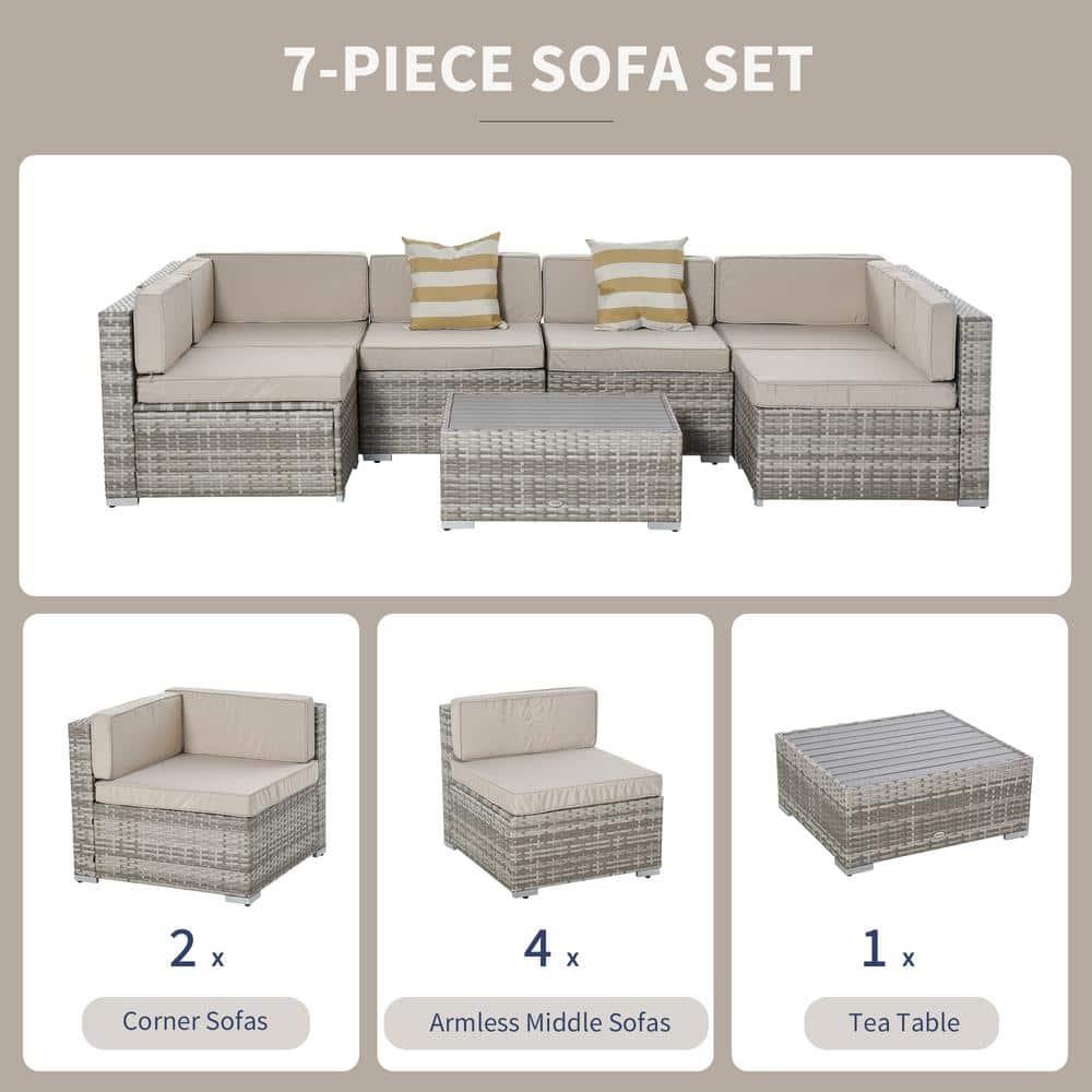 Outsunny 7-Piece Patio Furniture Set, Outdoor Wicker Conversation Set, All Weather PE Rattan Sectional Sofa w/ Faux Wood Table, Stripe Pillows, Beige