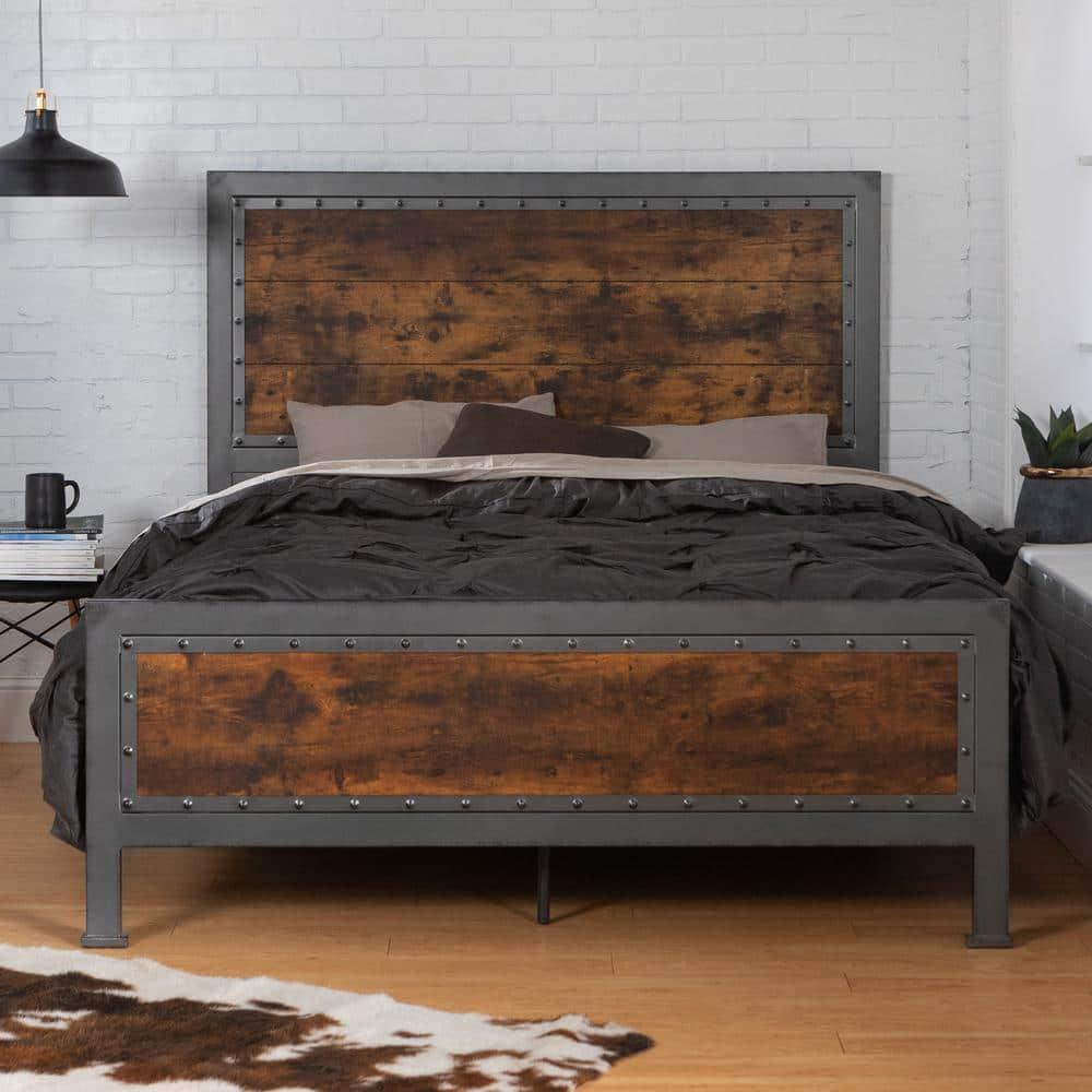 Walker Edison Queen Size Industrial Wood and Metal Bed - Brown