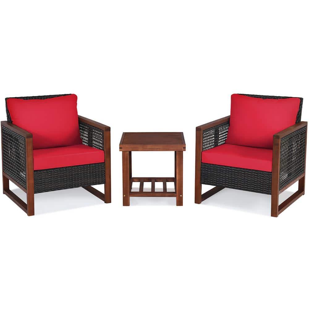 Costway 3PCS Patio Wicker Furniture Set Solid Wood Frame Cushion Sofa w/ Square Table Shelf Red