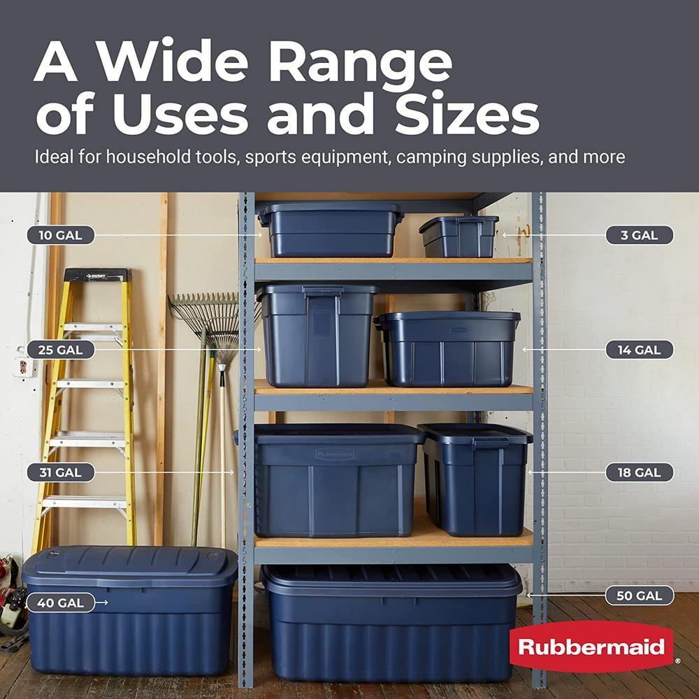 Rubbermaid Roughneck 18 Gallon Rugged Stackable Storage Tote with Lid and Handles for Home Usage, Dark Indigo Metallic, 6 Pack
