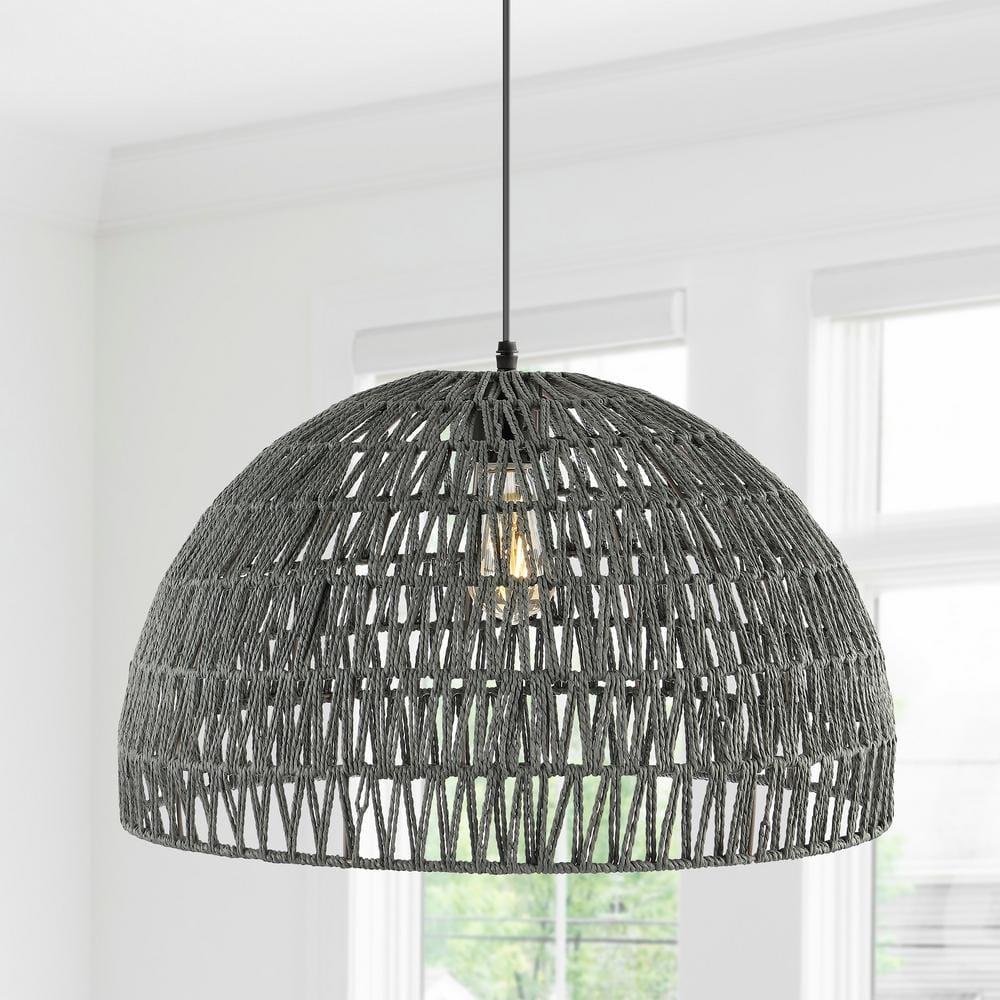 Campana 20" 1-Light Bohemian Modern Woven Rope/Iron LED Pendant, Grey/Black