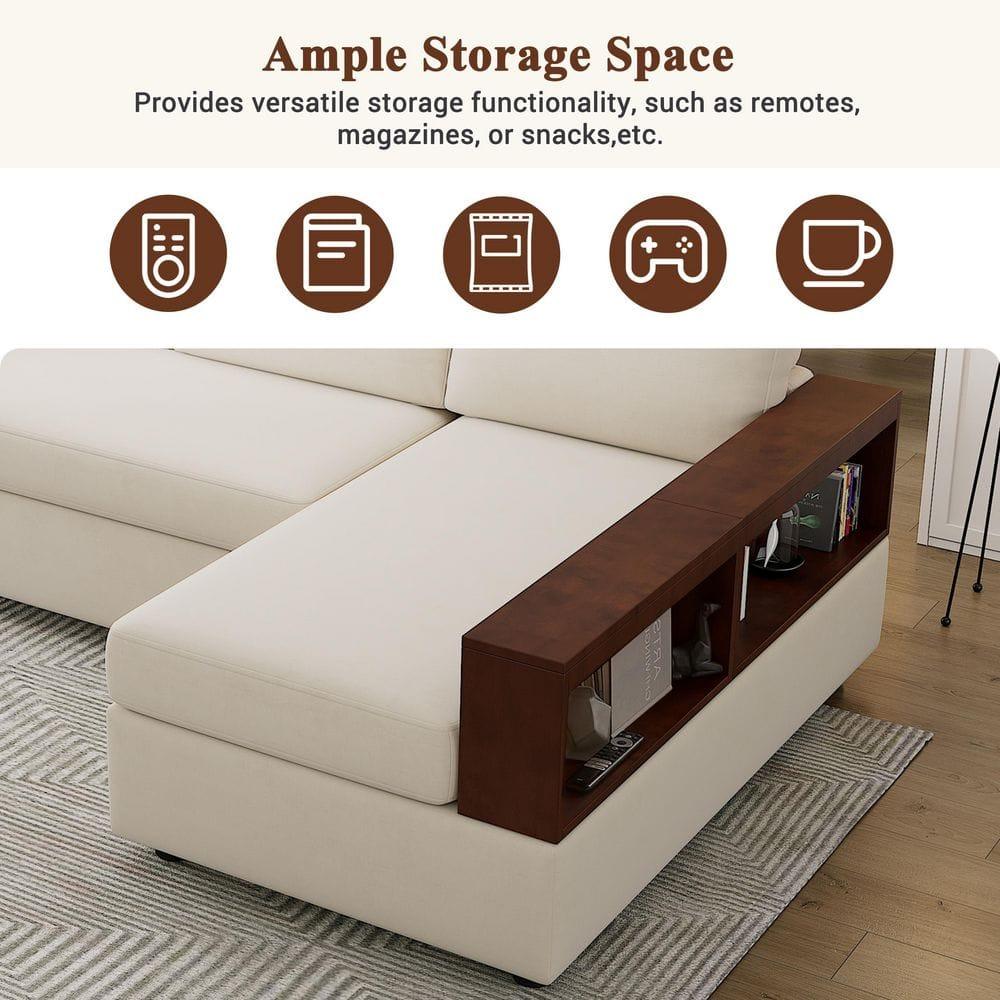 GDF Studio American Design Chenille Upholstered Sectional Sofa, Chaise Lounge with Reversible Armrest and Storage Rack, Beige