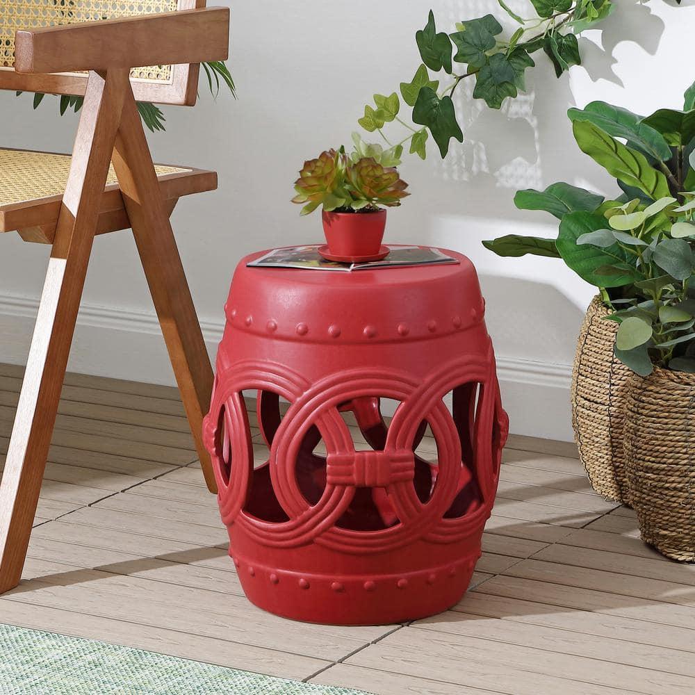 JONATHAN Y Lucky Coins 16" Chinese Ceramic Drum Garden Stool, Matte Red