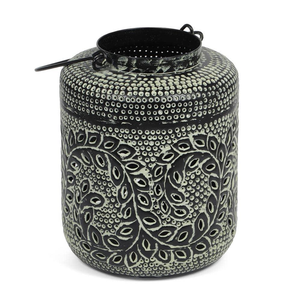 Noble House Meagher Iron Large Handcrafted Decorative Lantern, Green Patina and Black